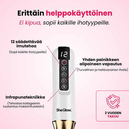 SheGlow selluliitin poistolaite – 12 imutehoa, infrapunaterapia, turvallinen vapautuspainike